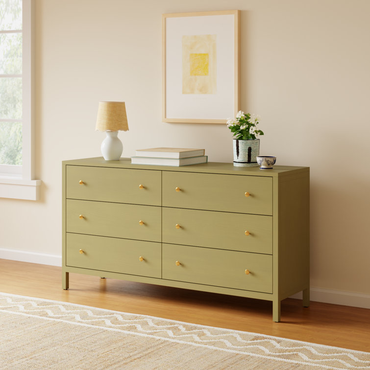 Olive Green Solid Wood 6-Drawer Dresser with Brass Handles