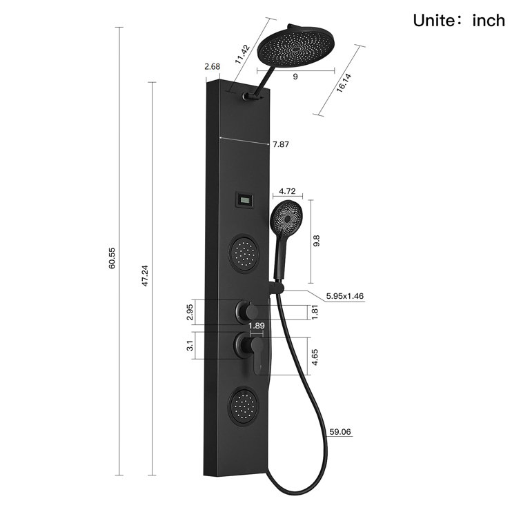 Matte Black 60.55'' Shower Panel with Adjustable Rainfall Shower Head