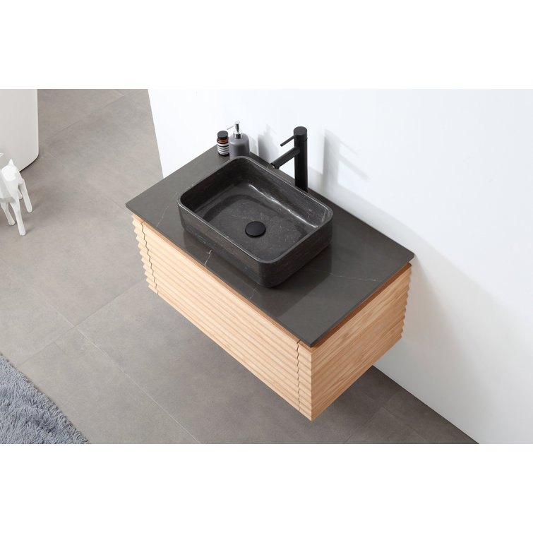 Orcus 36'' Maple Wood Wall-Mount Single Sink Vanity with Black Quartz