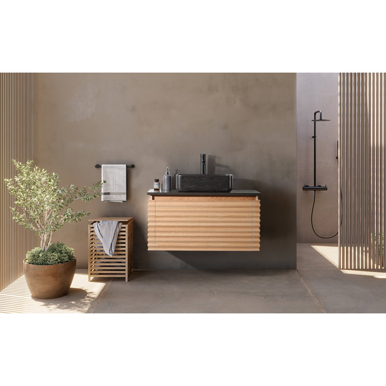 Orcus 36'' Maple Wood Wall-Mount Single Sink Vanity with Black Quartz