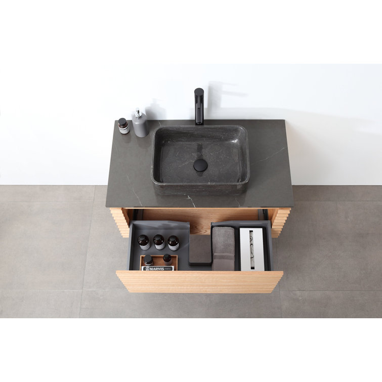 Orcus 36'' Maple Wood Wall-Mount Single Sink Vanity with Black Quartz