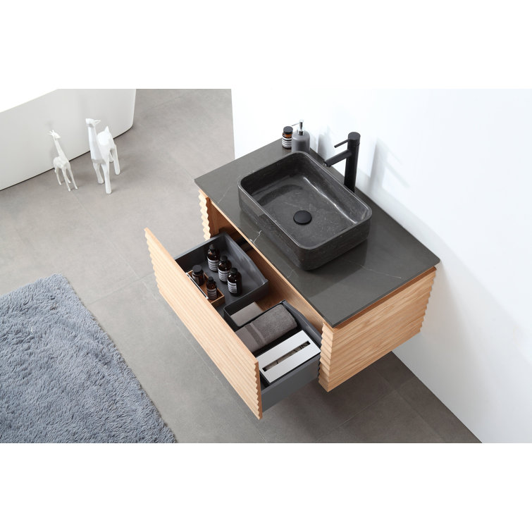 Orcus 36'' Maple Wood Wall-Mount Single Sink Vanity with Black Quartz