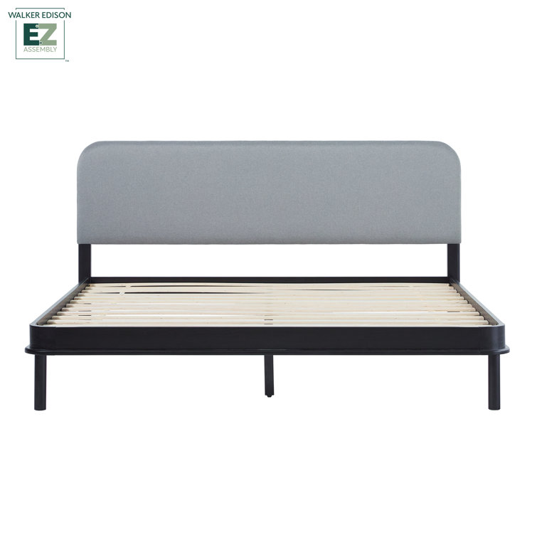 Contemporary Black Pine Wood King Bed with Gray Upholstered Headboard