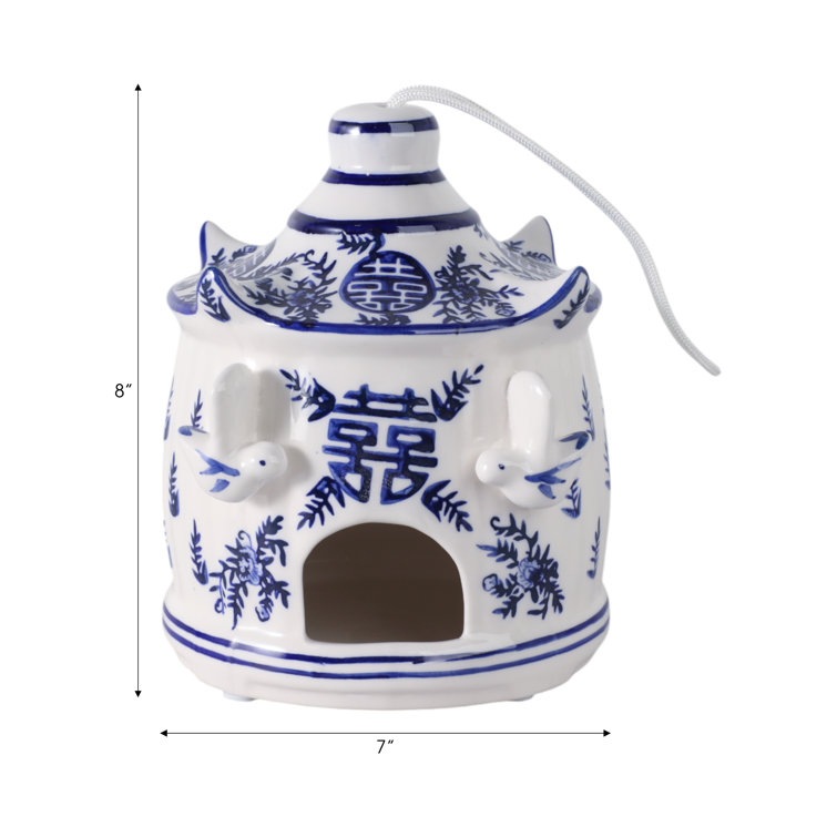 White and Blue Ceramic Pagoda Bird House with Hanging Rope