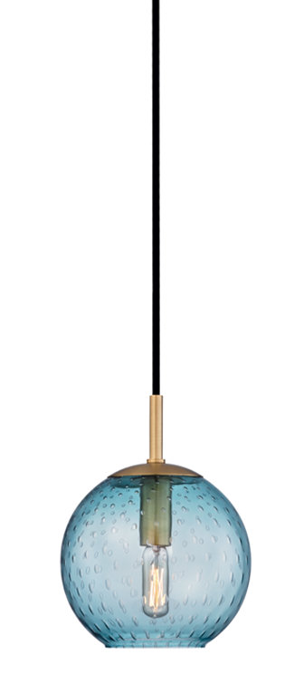 Aged Brass and Blue Glass Globe Pendant Light