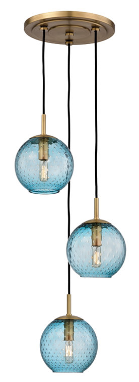 Aged Brass Globe Pendant with Blue Glass Shade - 3 Light