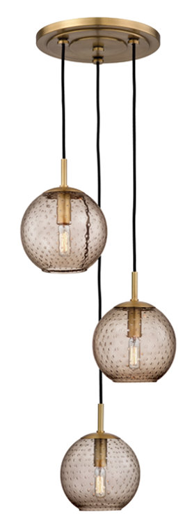 Aged Brass Globe Pendant with Blue Glass Shade - 3 Light
