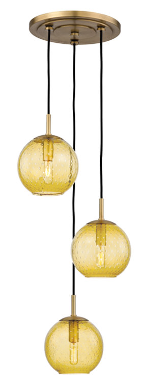Aged Brass Globe Pendant with Blue Glass Shade - 3 Light