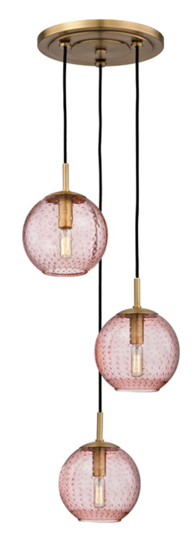 Aged Brass Globe Pendant with Blue Glass Shade - 3 Light