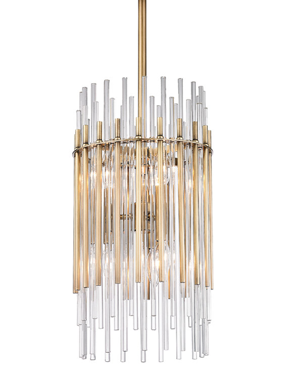 Aged Brass 6-Light Drum Island Pendant with Clear Glass Shade