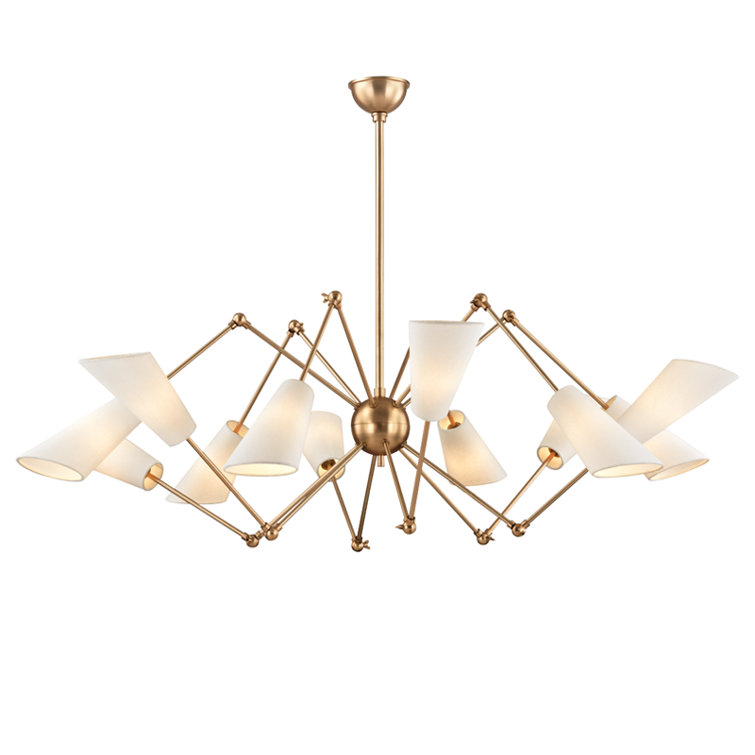 Elegant Aged Brass 12-Light Chandelier with Off-White Linen Shades