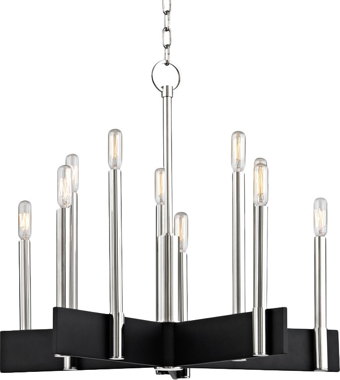 Polished Nickel and Black 10-Light Minimalist Chandelier