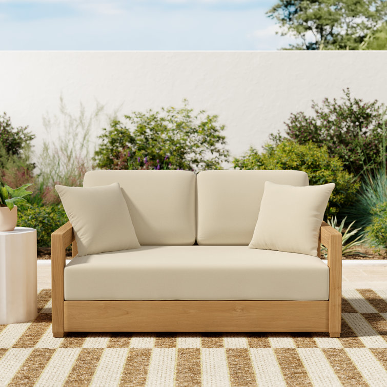 Teak and Beige Upholstered Outdoor Loveseat with Cushions