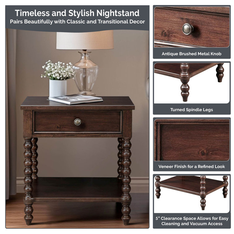 Morocco Brown Acacia Wood 1-Drawer Nightstand with Turned Legs