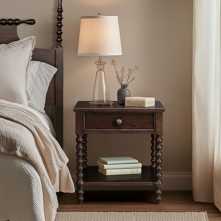 Morocco Brown Acacia Wood 1-Drawer Nightstand with Turned Legs