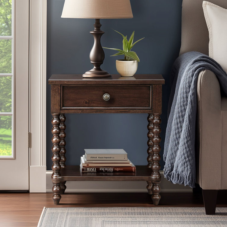 Morocco Brown Acacia Wood 1-Drawer Nightstand with Turned Legs