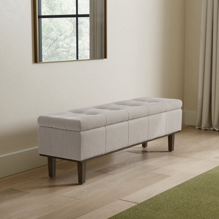 Elegant French Beige Tufted Storage Bench with Contrasting Wood Frame 54"