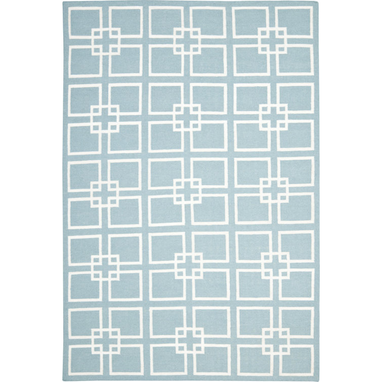 Geyser Blue Geometric Square Dance Wool & Silk 6'x9' Area Rug