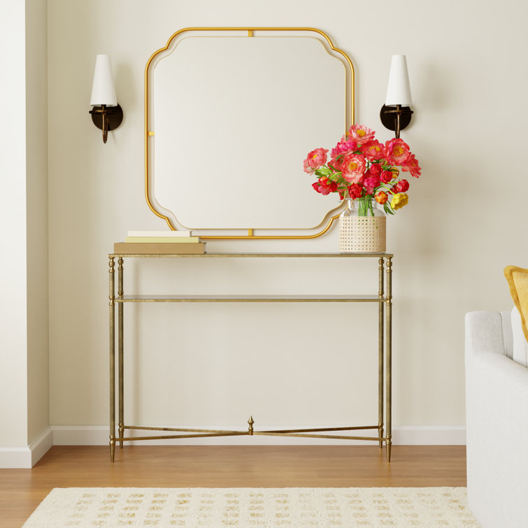 Elegant Gold Leaf Mirrored Console Table with Glass Shelf