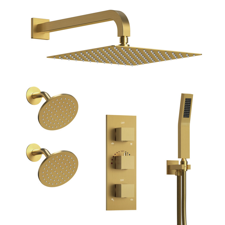 Gold Thermostatic 12" Triple Showerhead System with Handheld