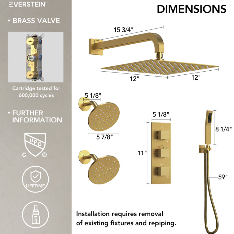 Gold Thermostatic 12" Triple Showerhead System with Handheld