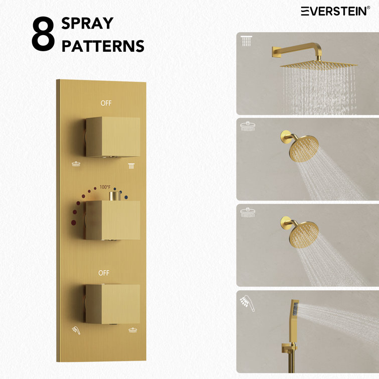 Gold Thermostatic 12" Triple Showerhead System with Handheld
