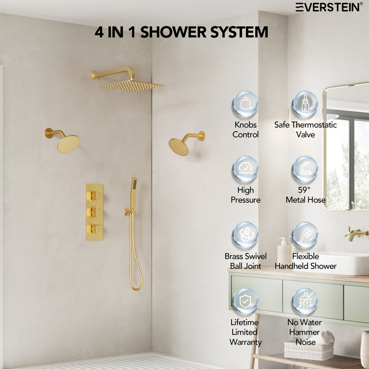 Gold Thermostatic 12" Triple Showerhead System with Handheld