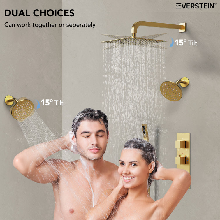 Gold Thermostatic 12" Triple Showerhead System with Handheld