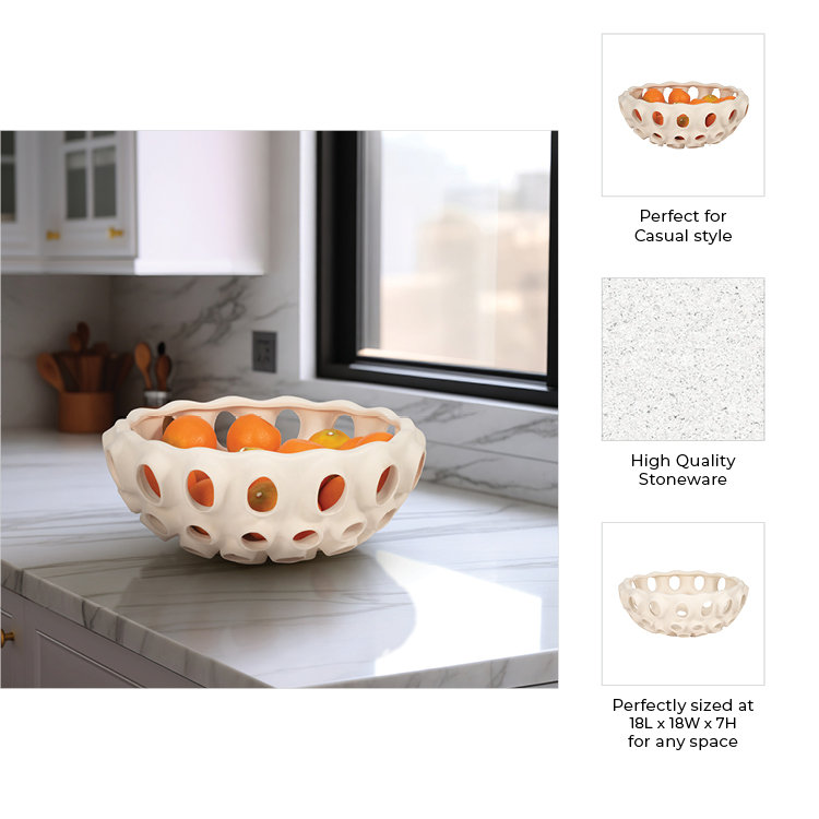 Cream Handcrafted Terracotta Decorative Bowl with Cutout Design