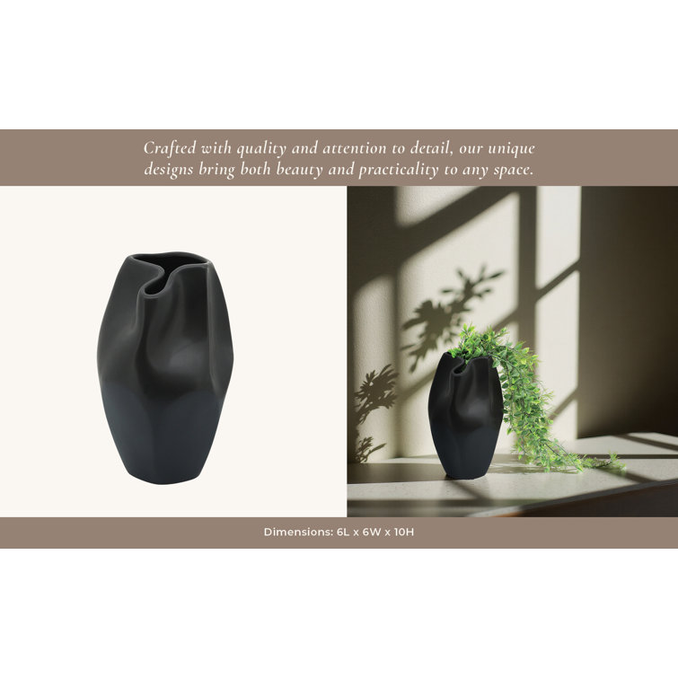 Black Ceramic Abstract Design Table Vase, 10" Height