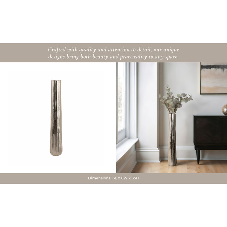 Tall Silver Etched Metal Decorative Floor Vase