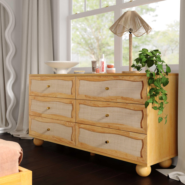 Natural Mango Wood and Rattan Coastal 6-Drawer Dresser