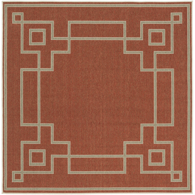 Rust Red and Beige Square Olefin Outdoor Rug 7'3"
