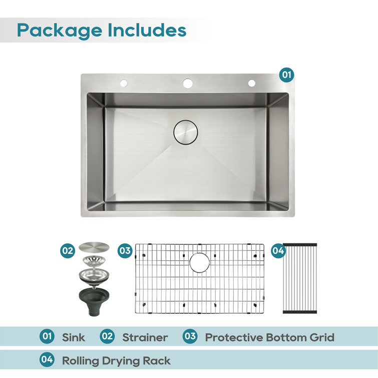 33" Brushed Stainless Steel Single Bowl Drop-In Kitchen Sink with Accessories