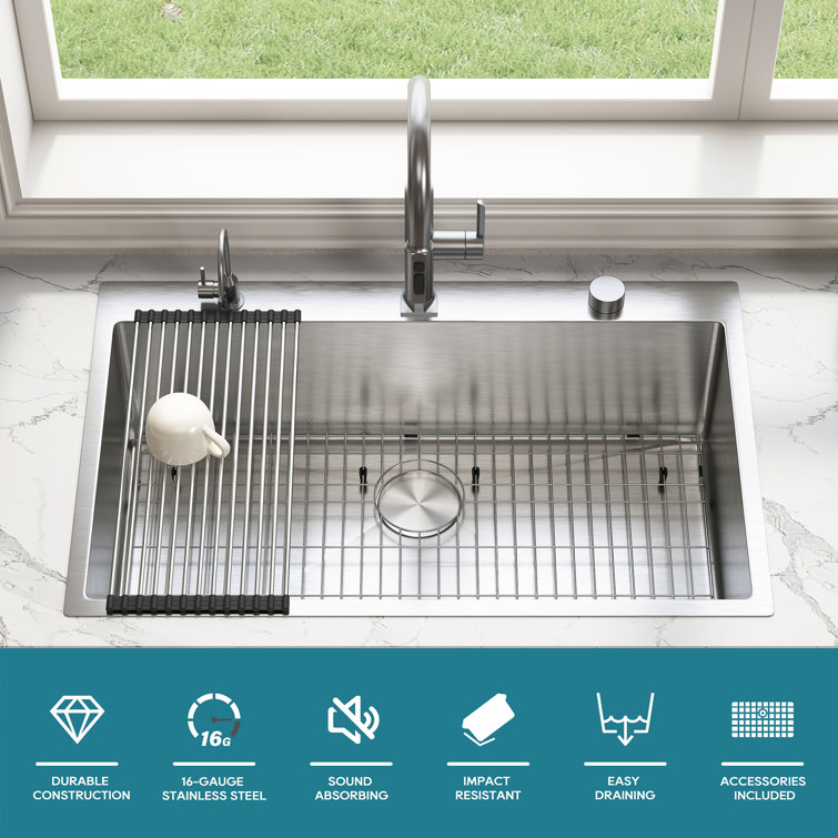 33" Brushed Stainless Steel Single Bowl Drop-In Kitchen Sink with Accessories