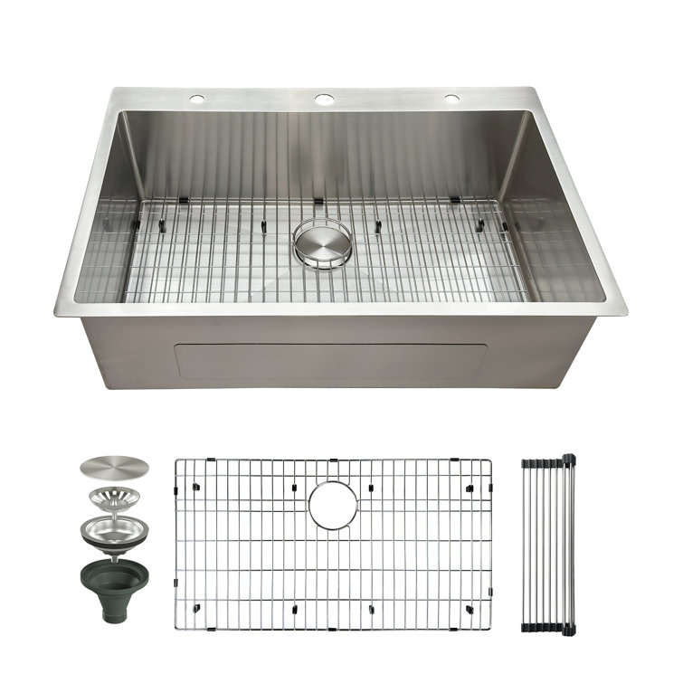33" Brushed Stainless Steel Single Bowl Drop-In Kitchen Sink with Accessories