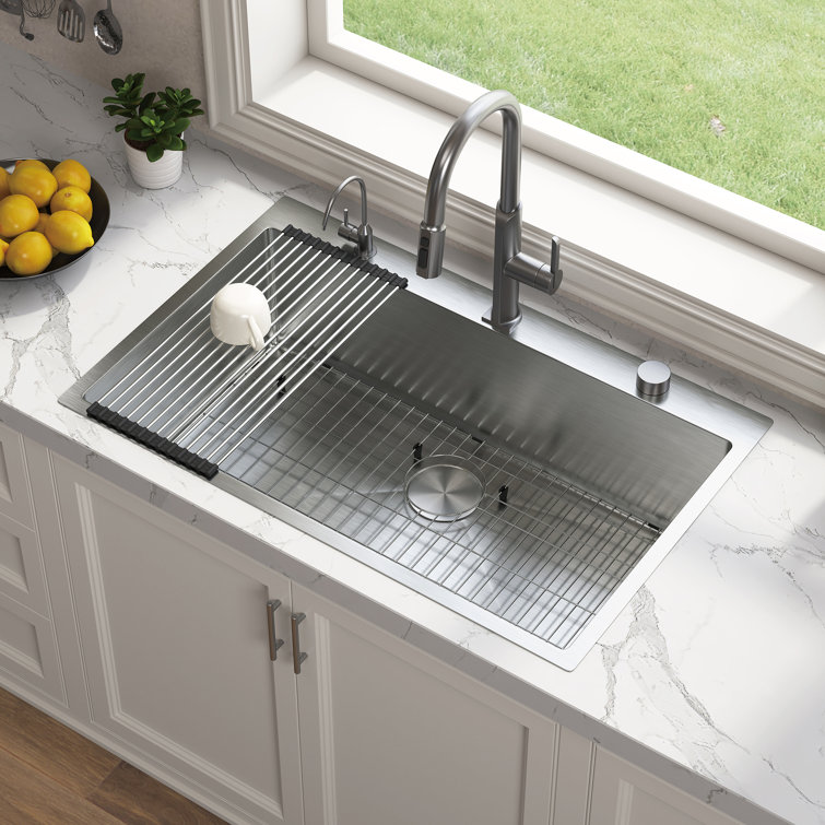 33" Brushed Stainless Steel Single Bowl Drop-In Kitchen Sink with Accessories
