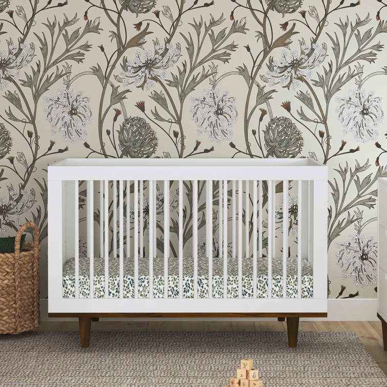 White and Walnut Mid-Century Modern Convertible Crib