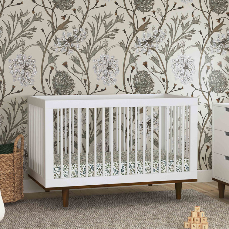 White and Walnut Mid-Century Modern Convertible Crib