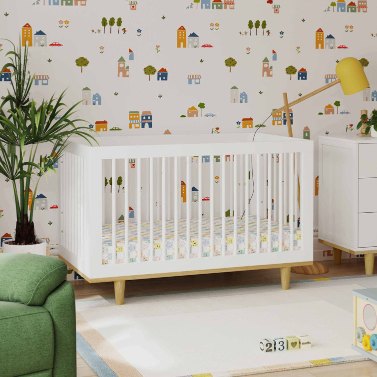 White and Natural Pine Wood 3-in-1 Convertible Crib