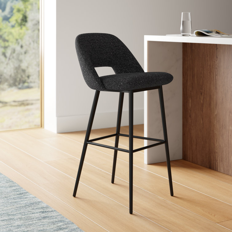 Black Boucle Upholstered Bar Stools with Powder-Coated Steel Legs