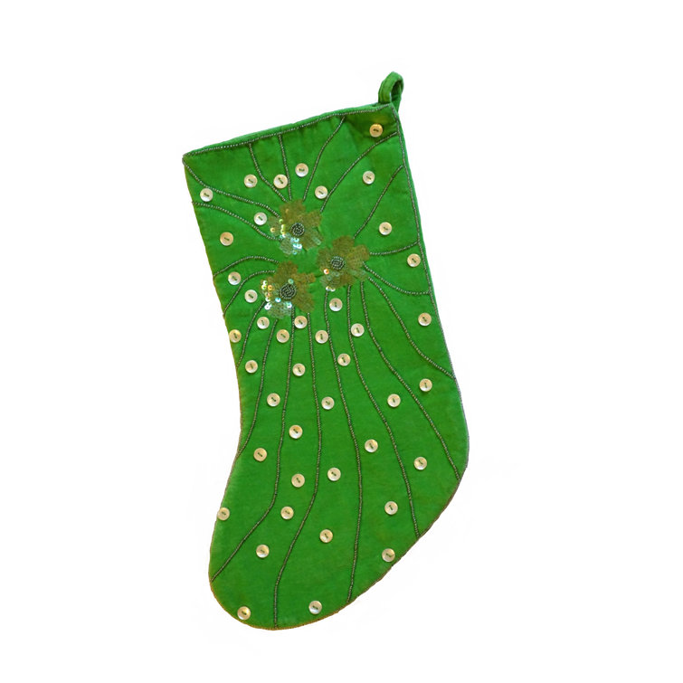 Lime Green Velvet Christmas Stocking with Beaded Design