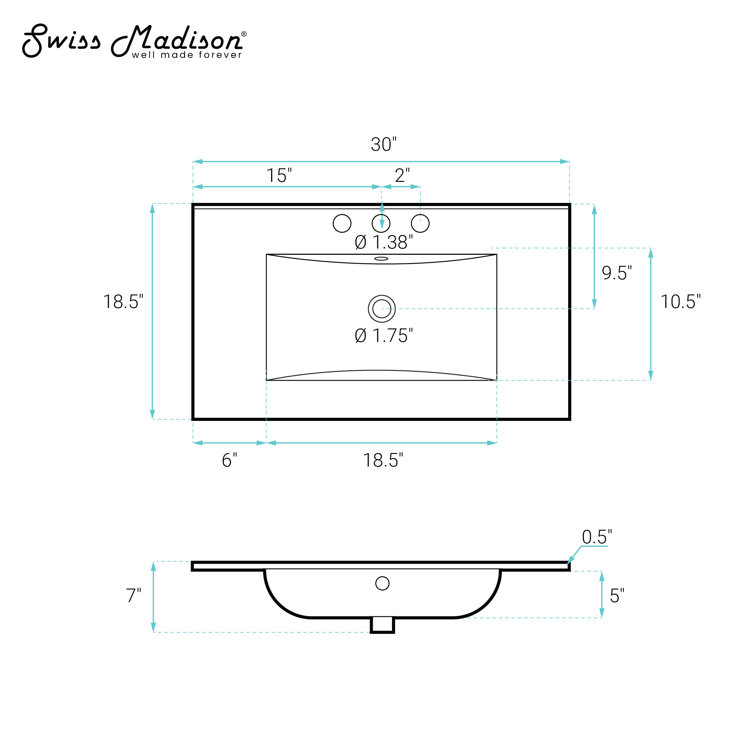 White Ceramic 30" Vanity Top Bathroom Sink with Three Holes