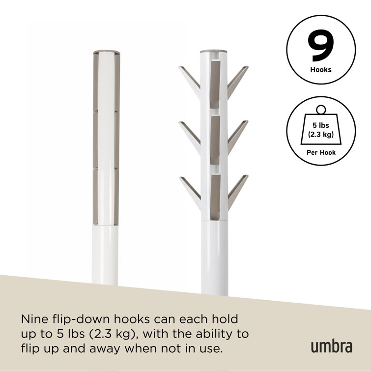 Sleek Flapper 9-Hook White Wooden Freestanding Coat Rack