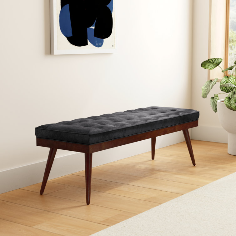 Luca Onyx Black Full-Grain Leather Bench with Mahogany Legs