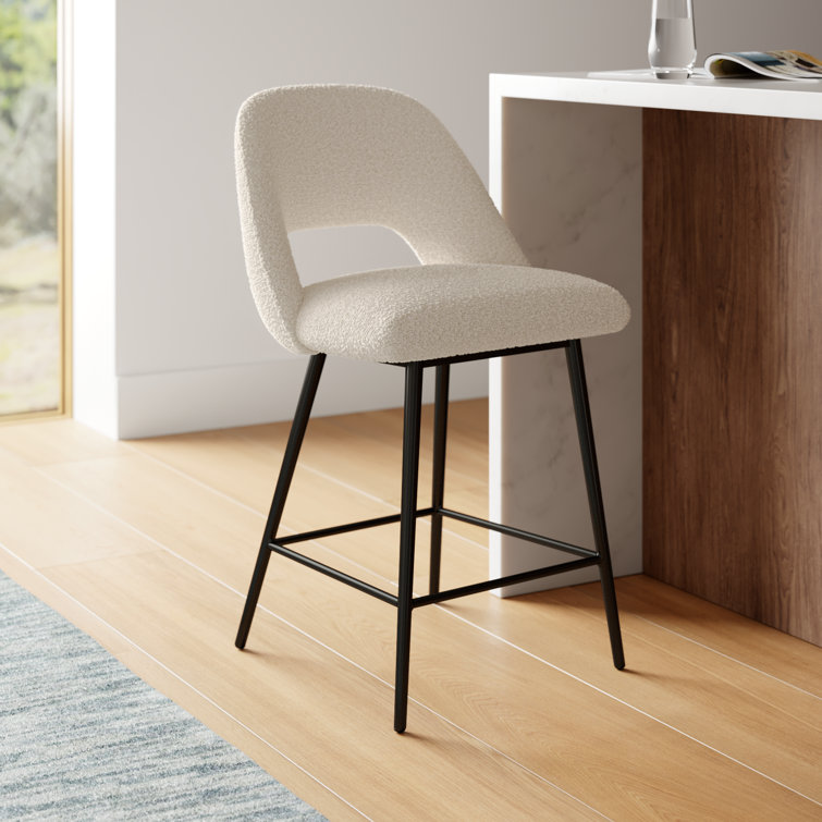 White Boucle Upholstered Counter Stools with Black Metal Legs, Set of 2
