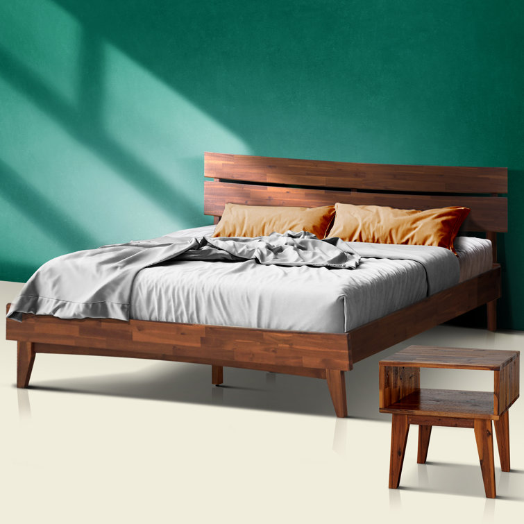 King Walnut Acacia Solid Wood Platform Bed Frame with Matching Nightstand