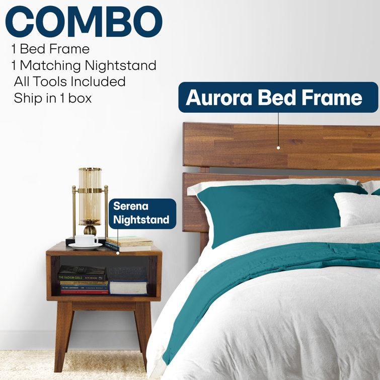 King Walnut Acacia Solid Wood Platform Bed Frame with Matching Nightstand