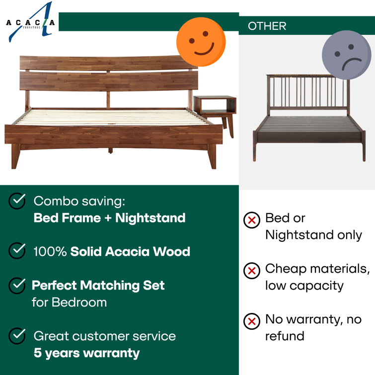King Walnut Acacia Solid Wood Platform Bed Frame with Matching Nightstand