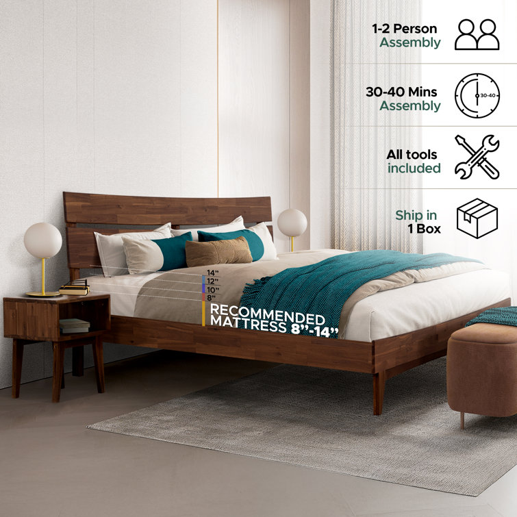 King Walnut Acacia Solid Wood Platform Bed Frame with Matching Nightstand